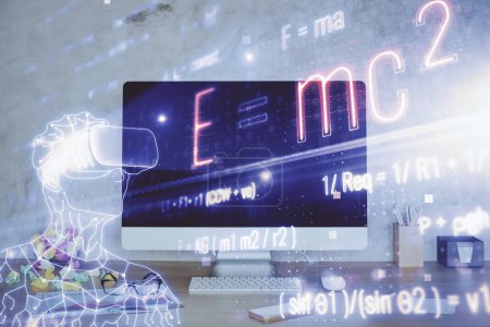 Photo for Desktop computer background and formula hologram writing. Double exposure. Education concept. - Royalty Free Image
