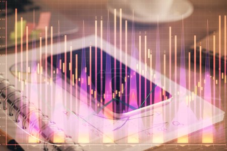 Photo for Double exposure of forex chart drawing and cell phone background. Concept of financial data analysis - Royalty Free Image