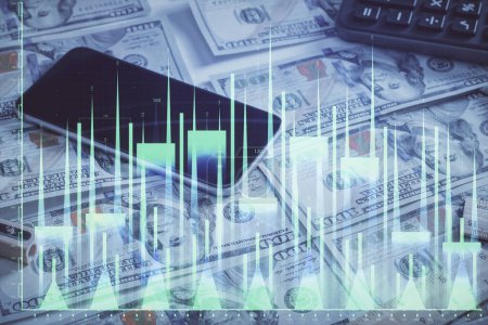 Photo for Double exposure of forex graph drawing over us dollars bill background. Concept of financial markets. - Royalty Free Image