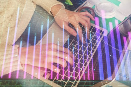 Photo for Double exposure of woman hands typing on computer and forex chart hologram drawing. Stock market invest concept. - Royalty Free Image
