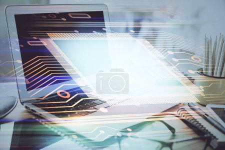 Photo for Double exposure of table with computer on background and data theme drawing. Concept of innovation. - Royalty Free Image