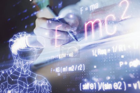 Photo for Science formula hologram over woman's hands taking notes background. Concept of study. Double exposure - Royalty Free Image