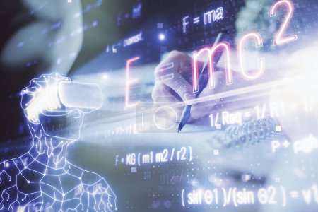 Photo for Science formula hologram over woman's hands taking notes background. Concept of study. Double exposure - Royalty Free Image