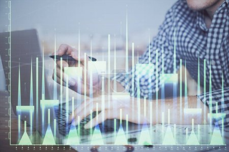 Photo for Double exposure of forex graph with man working on computer on background. Concept of market analysis. - Royalty Free Image
