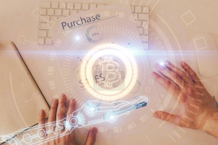 Photo for Man's hands working with notes background. Cryptocurrency and finance concept. Double exposure. - Royalty Free Image