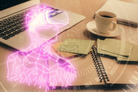 Photo for Double exposure of vr glasses drawing and desktop with coffee and items on table background. Concept of Augmented reality. - Royalty Free Image