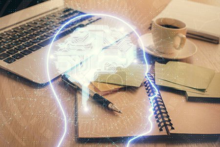 Photo for Double exposure of brain drawing and desktop with coffee and items on table background. Concept of research. - Royalty Free Image