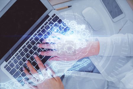 Photo for Double exposure of woman hands working on computer and data theme hologram drawing. Top View. Technology concept. - Royalty Free Image