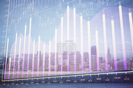 Photo for Forex graph on city view with skyscrapers background multi exposure. Financial analysis concept. - Royalty Free Image