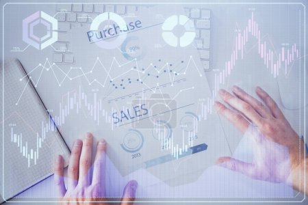 Photo for FOREX chart multi exposure with work table background. Top View. Concept of success. - Royalty Free Image