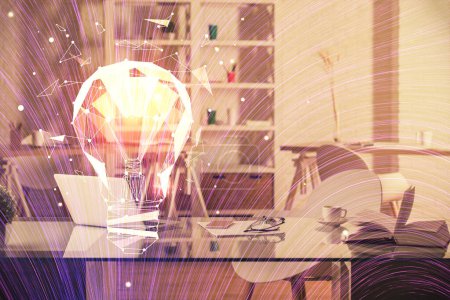 Photo for Double exposure of bulb and office interior background. Concept of idea. - Royalty Free Image