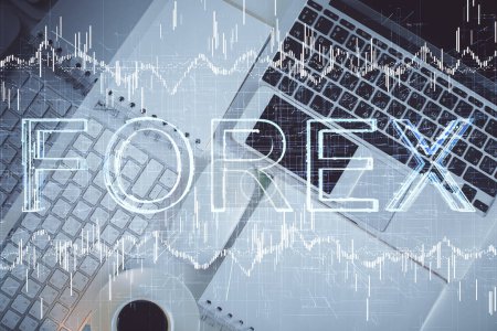Photo for Financial market graph and top view computer on the desktop background. Multi exposure. Investment concept. - Royalty Free Image