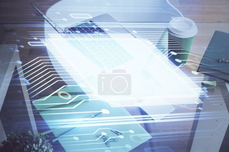 Photo for Double exposure of desktop with personal computer on background and tech theme drawing. Concept of data analysis. - Royalty Free Image