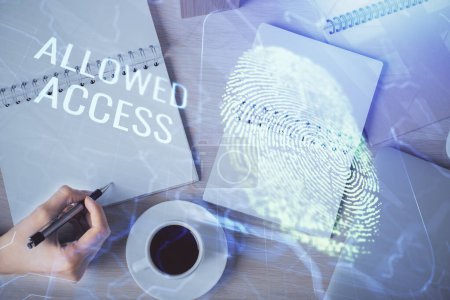 Photo for Blue fingerprint hologram over woman's hands taking notes background. Concept of protection. Double exposure - Royalty Free Image