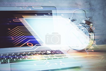 Photo for Double exposure of desktop with computer on background and tech theme drawing. Concept of big data. - Royalty Free Image