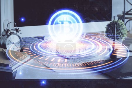 Photo for Multi exposure of blockchain and crypto economy theme hologram and table with computer background. Concept of bitcoin cryptocurrency. - Royalty Free Image