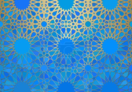 Illustration for Abstract background with islamic ornament, arabic geometric texture. Golden lined tiled motif over colored background with stained glass style. - Royalty Free Image