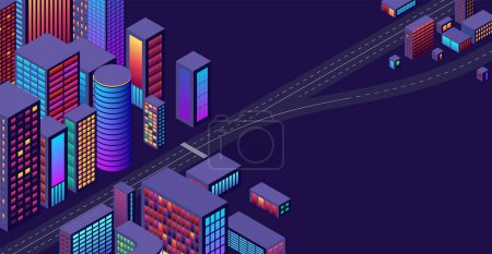 Illustration for Background with concept of city and suburbs or outskirts view with isometric perspective and vibrant shiny neon colors - Royalty Free Image