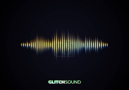 Illustration for Audio or sound wave with music volume peaks and color glitch effect on blurred line vibrating waveform - Royalty Free Image