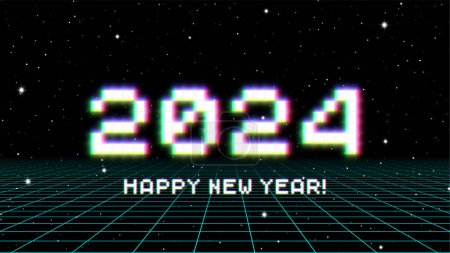 Ilustración de 2024 Signo de Año Nuevo con píxeles brillantes fallidos y cuadrícula. Vacaciones de invierno y símbolo de cambio de año - Imagen libre de derechos