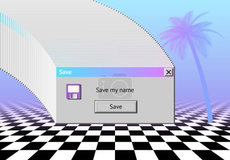 Illustration for Abstract vaporwave aesthetics background with 90s style system message window, palm and checkered floor covered with pink and blue gradient mist - Royalty Free Image