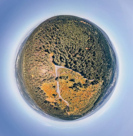 Tiny planet -Panoramic view of Owl Mountains (Sowie Mountains) in Poland - Small Owl Mountain