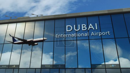 Téléchargez les photos : Avion atterrissant à Dubaï Émirats arabes unis illustration de rendu 3D. Arrivée dans la ville avec le terminal de l'aéroport de verre et réflexion de l'avion à réaction. Voyages, affaires, tourisme et transports. - en image libre de droit