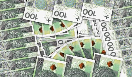 Billetes Zloty polacos en un patrón de mosaico de abanico de efectivo. Polonia 100 PLN notas. Concepto abstracto de banco, finanzas, economía decorativa fondo de diseño 3d ilustración.