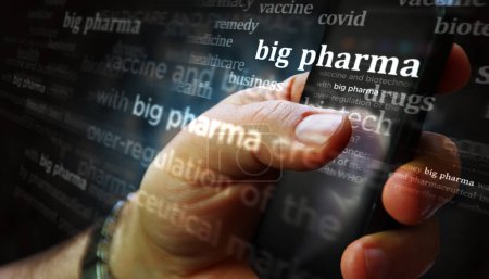 Médias sociaux exposés avec Big Pharma, la médecine et les entreprises pharmaceutiques. Recherche sur tablette, pad, téléphone ou smartphone à la main. Concept abstrait de titres de nouvelles Illustration 3D.