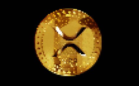 Photo for Ripple XRP cryptocurrency gold coin in retro pixel mosaic 80s style. Rotating golden metal abstract concept 3D illustration. - Royalty Free Image
