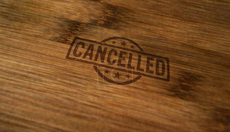 Photo for Cancelled stamp printed on wooden box. Cancellation and work annulment concept. - Royalty Free Image