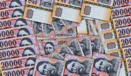 Ungarische Forint-Banknoten in einem Mosaik aus Bargeldfächern. Ungarn 20000 HUF-Scheine. Abstraktes Konzept der Bank, Finanzen, Wirtschaft dekorative Design Hintergrund 3D-Illustration.