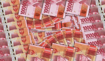 Billets Rupiah indonésiens dans un motif de mosaïque de ventilateur de trésorerie. Indonésie 100000 IDR notes. Concept abstrait de banque, finance, économie design décoratif fond illustration 3d.