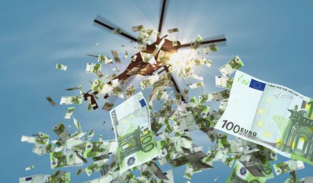Téléchargez les photos : Billets en euros l'argent de l'hélicoptère baisse. Union européenne 100 EUR note abstrait 3d concept de l'inflation, l'impression monétaire, la finance, l'économie, la crise et l'assouplissement quantitatif illustration. - en image libre de droit