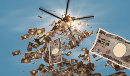 Foto de Billetes de yenes japoneses helicóptero dinero cayendo. Japón Yen 10000 JPY notas abstracto 3d concepto de inflación, impresión de dinero, finanzas, economía, crisis y flexibilización cuantitativa ilustración. - Imagen libre de derechos