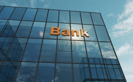 Bankglasbaukonzept. Banken-, Wirtschafts-, Finanz- und Geldsymbole auf der Fassade 3D-Illustration.