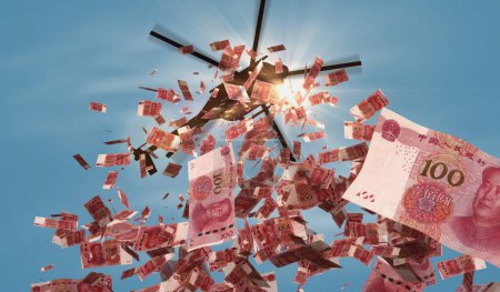 Photo for Chinese yuan Renminbi banknotes helicopter money dropping. China 100 RMB notes abstract 3d concept of inflation, money printing, finance, economy, crisis and quantitative easing illustration. - Royalty Free Image