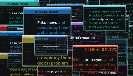 Fake news propaganda conspiracy theories disinformation manipulation. Headline news titles international media abstract concept  3d illustration.