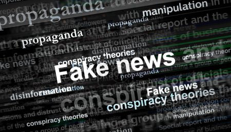 Foto de Fake news propaganda conspiracy theories disinformation manipulation. Headline news titles international media abstract concept  3d illustration. - Imagen libre de derechos