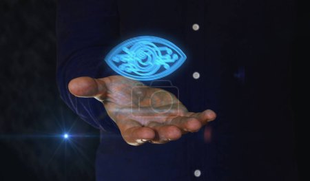Photo for Cyber eye espionage big brother hacking spy and intelligence 3d symbol over man hand. Cyber technology icon abstract concept seamless and loopable. - Royalty Free Image
