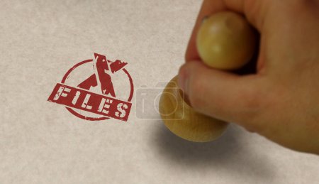 X Files stamp and stamping hand. Secret mystery investigation and conspiracy concept.