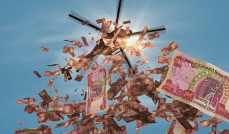Téléchargez les photos : Iraq Dinar banknotes helicopter money dropping. Iraqi 25000 IQD notes abstract 3d concept of inflation, money printing, finance, economy, crisis and quantitative easing illustration. - en image libre de droit