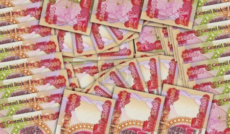 Billetes Iraq Dinar en un patrón de mosaico de abanico de efectivo. Iraqi 25000 IQD notes. Concepto abstracto de banco, finanzas, economía decorativa fondo de diseño 3d ilustración.
