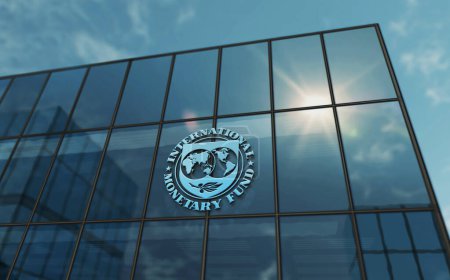 Foto de Washington, D.C., EE.UU., 10 de marzo de 2023: Concepto de edificio de vidrio de la sede del Fondo Monetario Internacional. FMI Organismo financiero de las Naciones Unidas símbolo en fachada frontal 3d ilustración. - Imagen libre de derechos