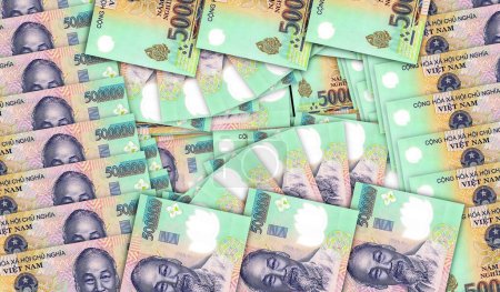 Vietnam-Dong-Banknoten in einer Mosaikschleife mit Cash-Fan-Muster. Vietnamesisch 500000 VND-Scheine. Abstraktes Konzept der Bank, des Finanzwesens, der Wirtschaft nahtlos und mit Schleife dekorative Designhintergrund 3D-Illustration.