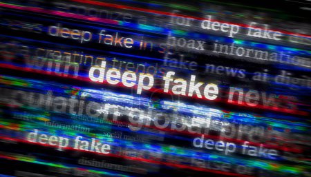 Photo for Deep fake hoax false and ai manipulation headline news across international media. Abstract concept of news titles on noise displays. TV glitch effect 3d illustration. - Royalty Free Image