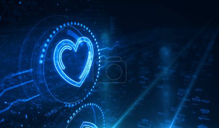 Corazón amor salud ai código de tecnología y cibernética citas símbolo concepto digital. Red, tecnología cibernética y fondo informático abstracto 3d ilustración.