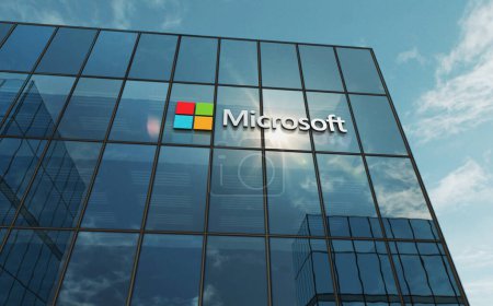 Photo for Redmond, USA, April 30, 2023: Microsoft corporation headquarters glass building concept. Software products and operating systems producer company symbol on front facade 3d illustration. - Royalty Free Image