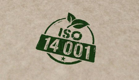 Iconos de sellos certificados ISO 14001 en pocas versiones en color. Medio ambiente ecología estándar certificado concepto 3D representación ilustración.