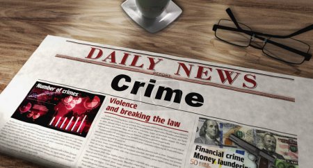 Investigación criminal diario forense y justicia sobre la mesa. Titulares noticias concepto abstracto 3d ilustración.